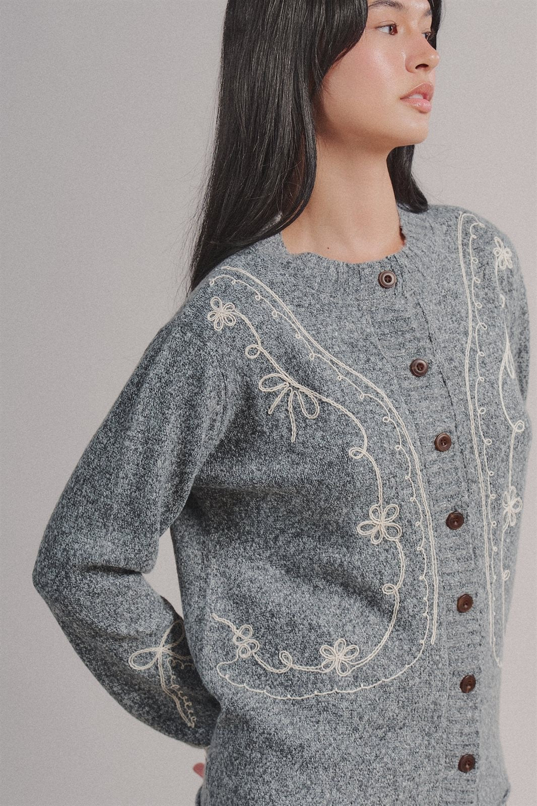 Embroidered Soutache Button Knit Cardigan in Grey - Women's Fashion | Urban Daizy