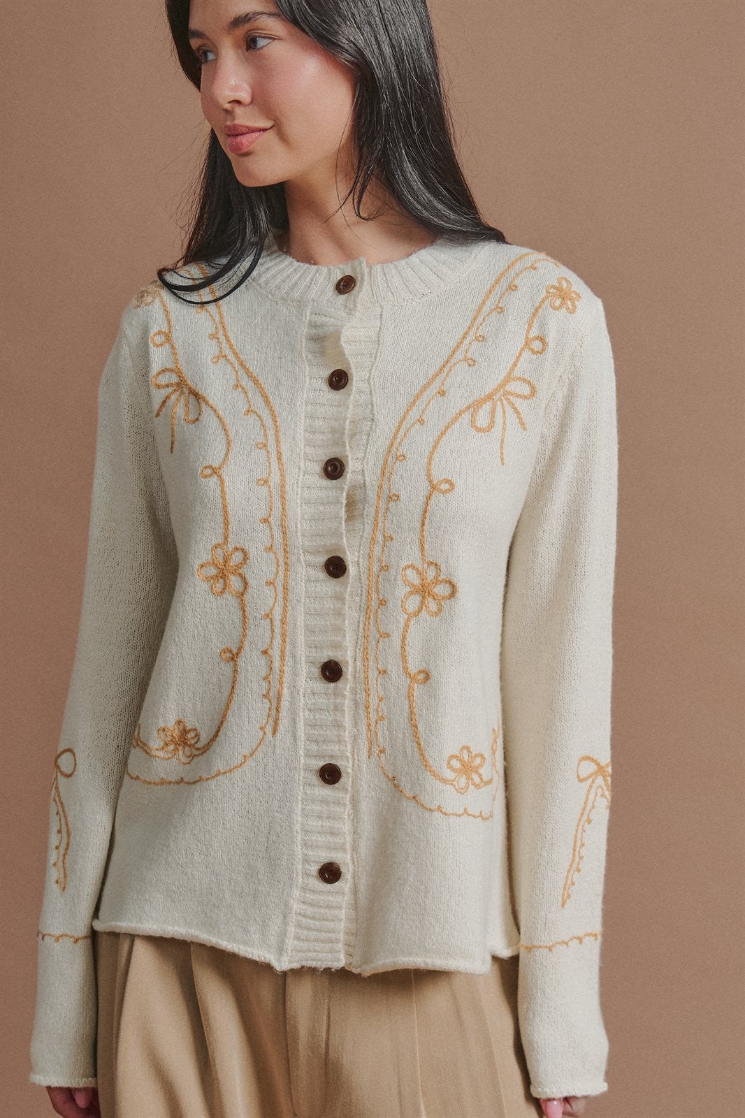 Embroidered Soutache Button Knit Cardigan in Ivory - Women's Fashion | Urban Daizy