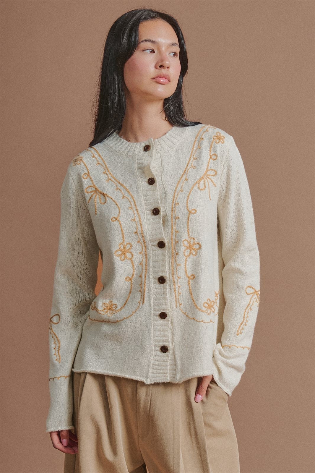 Embroidered Soutache Button Knit Cardigan in Ivory - Women's Fashion | Urban Daizy