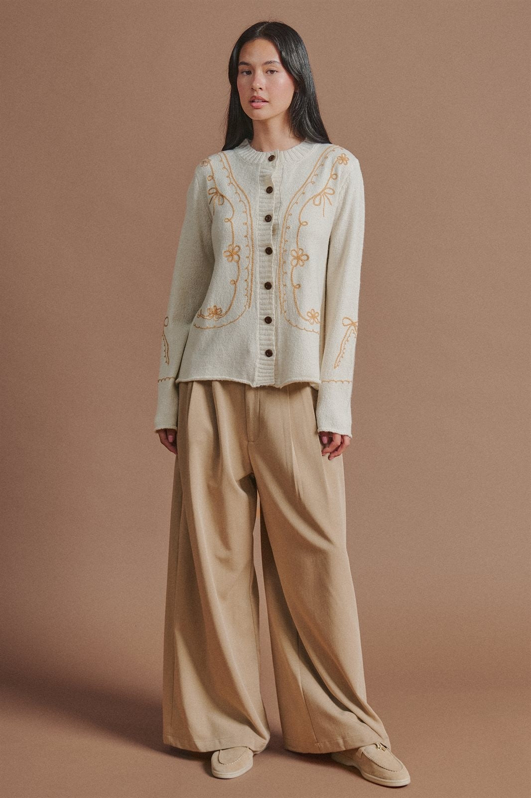 Embroidered Soutache Button Knit Cardigan in Ivory - Women's Fashion | Urban Daizy