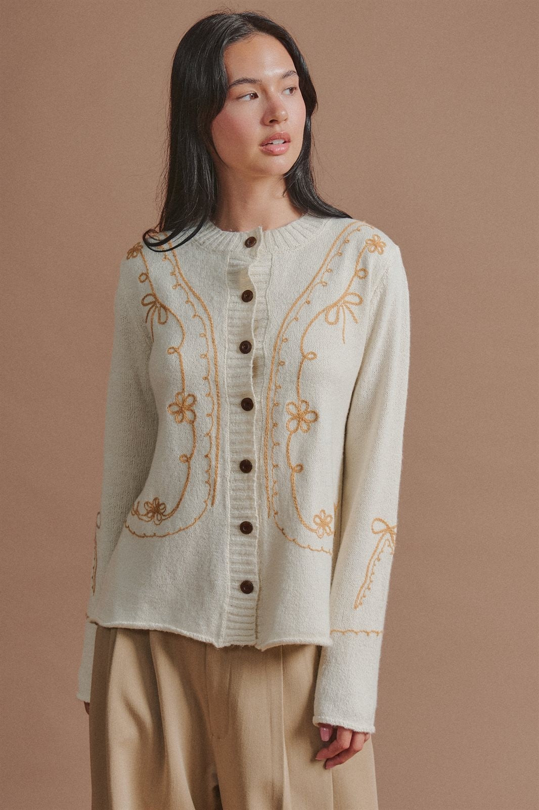 Embroidered Soutache Button Knit Cardigan in Ivory - Women's Fashion | Urban Daizy