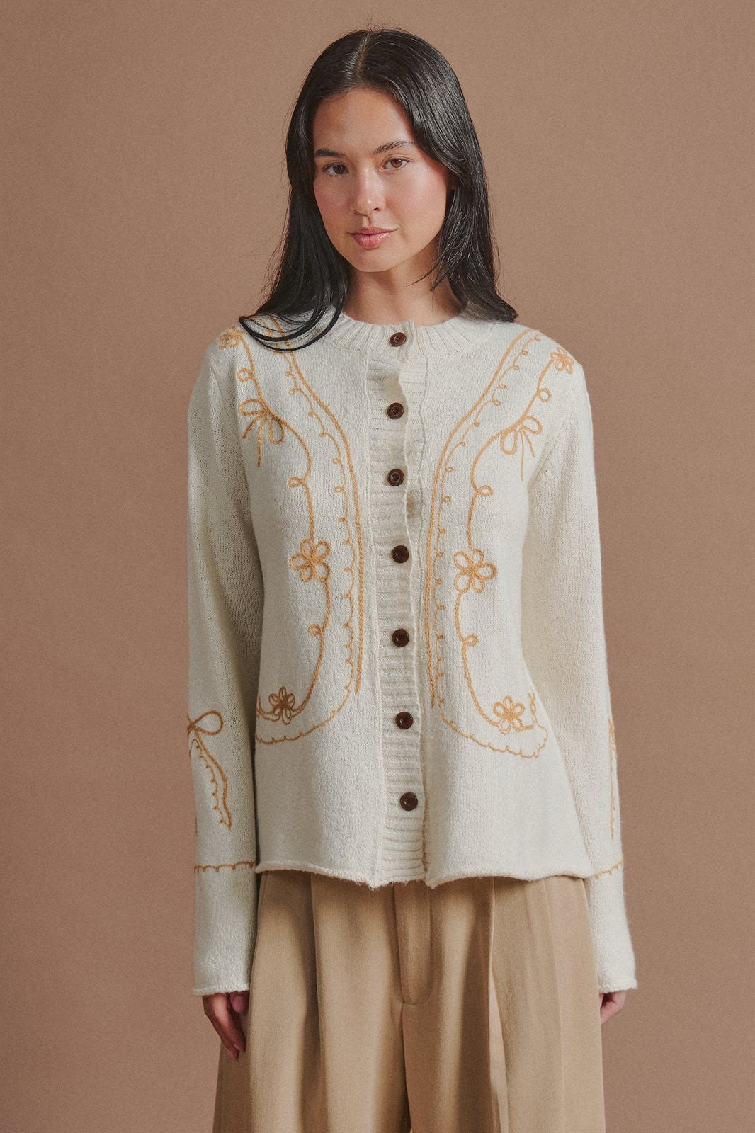 Embroidered Soutache Button Knit Cardigan in Ivory - Women's Fashion | Urban Daizy