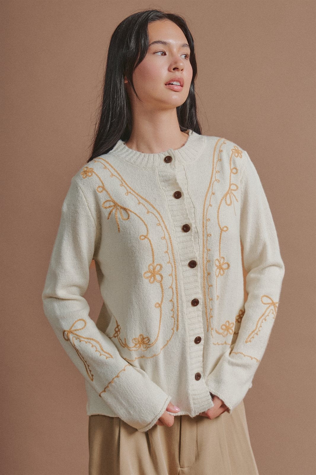 Embroidered Soutache Button Knit Cardigan in Ivory - Women's Fashion | Urban Daizy