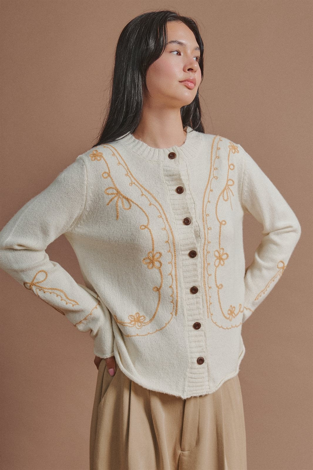 Embroidered Soutache Button Knit Cardigan in Ivory - Women's Fashion | Urban Daizy