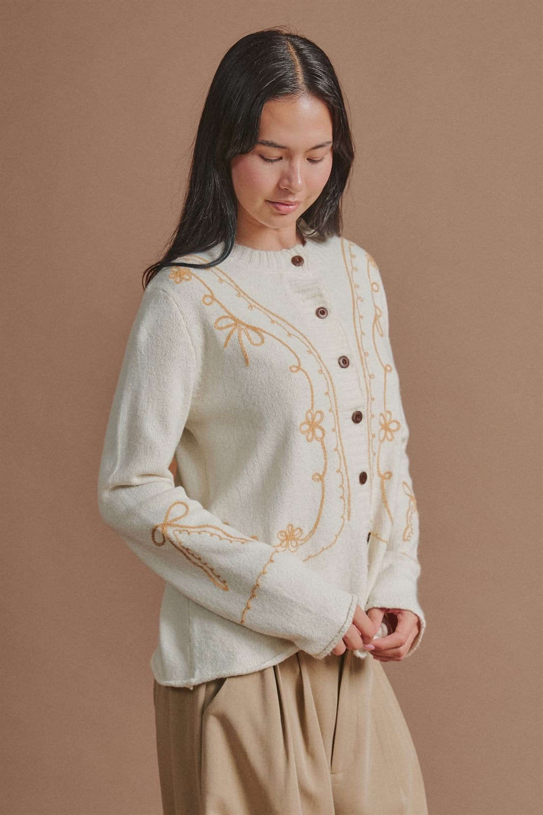 Embroidered Soutache Button Knit Cardigan in Ivory - Women's Fashion | Urban Daizy