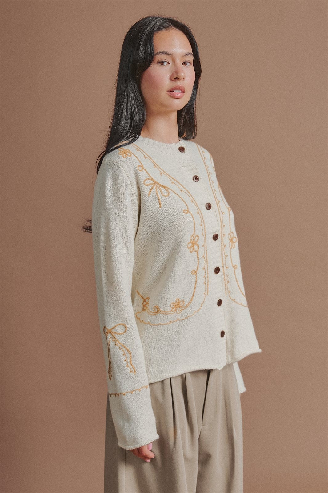 Embroidered Soutache Button Knit Cardigan in Ivory - Women's Fashion | Urban Daizy