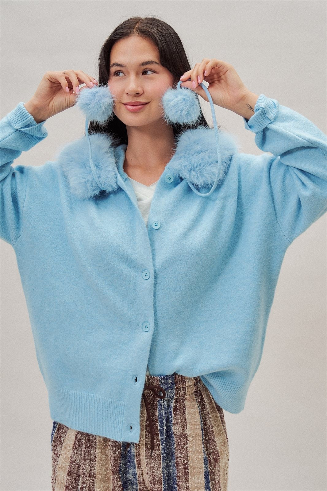 Faux Fur Hood Pom Pom Knit Cardigan in Blue - Women's Fashion | Urban Daizy
