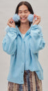 Faux Fur Hood Pom Pom Knit Cardigan in Blue - Women's Fashion | Urban Daizy