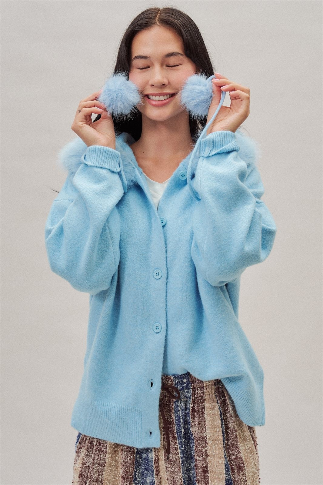 Faux Fur Hood Pom Pom Knit Cardigan in Blue - Women's Fashion | Urban Daizy