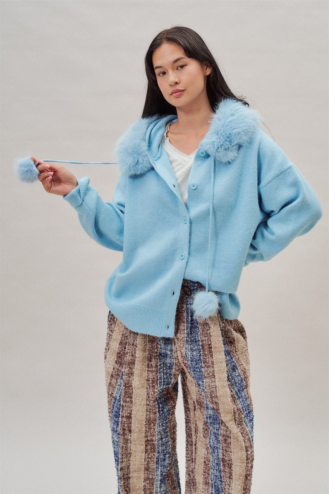 Faux Fur Hood Pom Pom Knit Cardigan in Blue - Women's Fashion | Urban Daizy