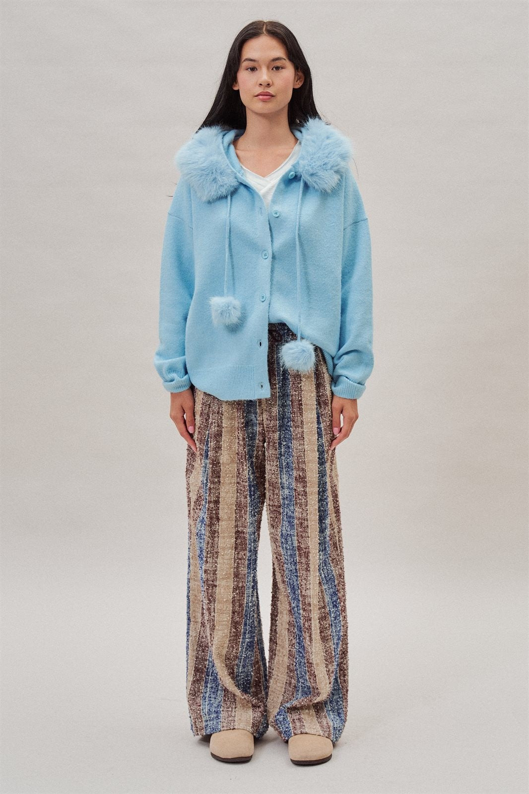 Faux Fur Hood Pom Pom Knit Cardigan in Blue - Women's Fashion | Urban Daizy