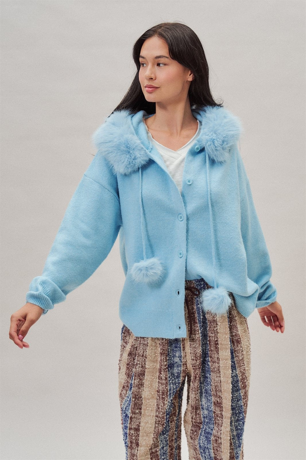 Faux Fur Hood Pom Pom Knit Cardigan in Blue - Women's Fashion | Urban Daizy