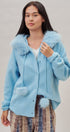 Faux Fur Hood Pom Pom Knit Cardigan in Blue - Women's Fashion | Urban Daizy