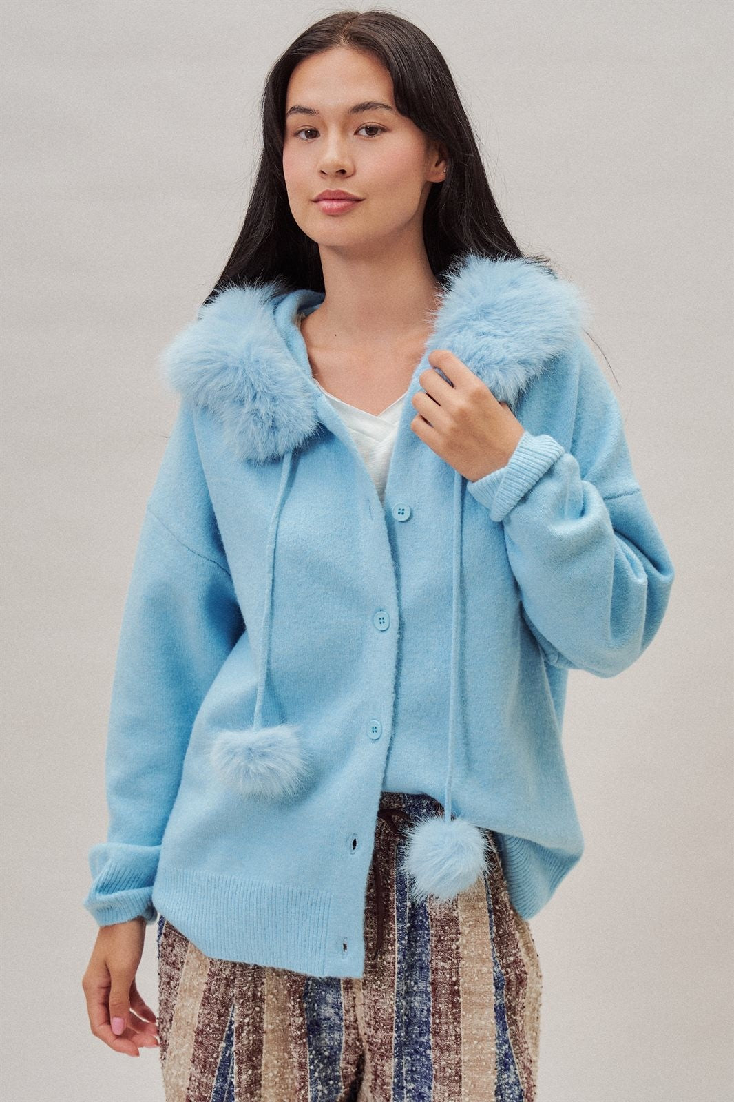 Faux Fur Hood Pom Pom Knit Cardigan in Blue - Women's Fashion | Urban Daizy