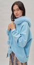 Faux Fur Hood Pom Pom Knit Cardigan in Blue - Women's Fashion | Urban Daizy