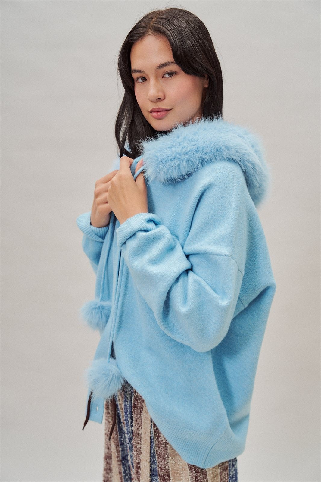 Faux Fur Hood Pom Pom Knit Cardigan in Blue - Women's Fashion | Urban Daizy
