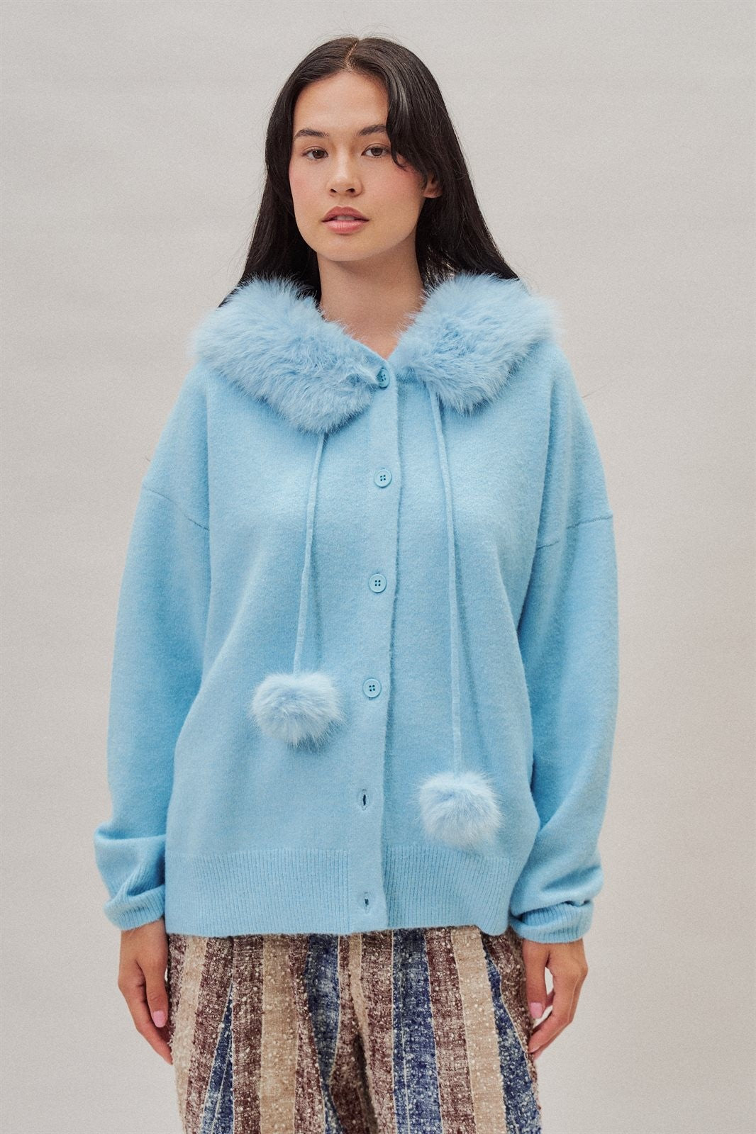 Faux Fur Hood Pom Pom Knit Cardigan in Blue - Women's Fashion | Urban Daizy
