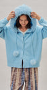 Faux Fur Hood Pom Pom Knit Cardigan in Blue - Women's Fashion | Urban Daizy