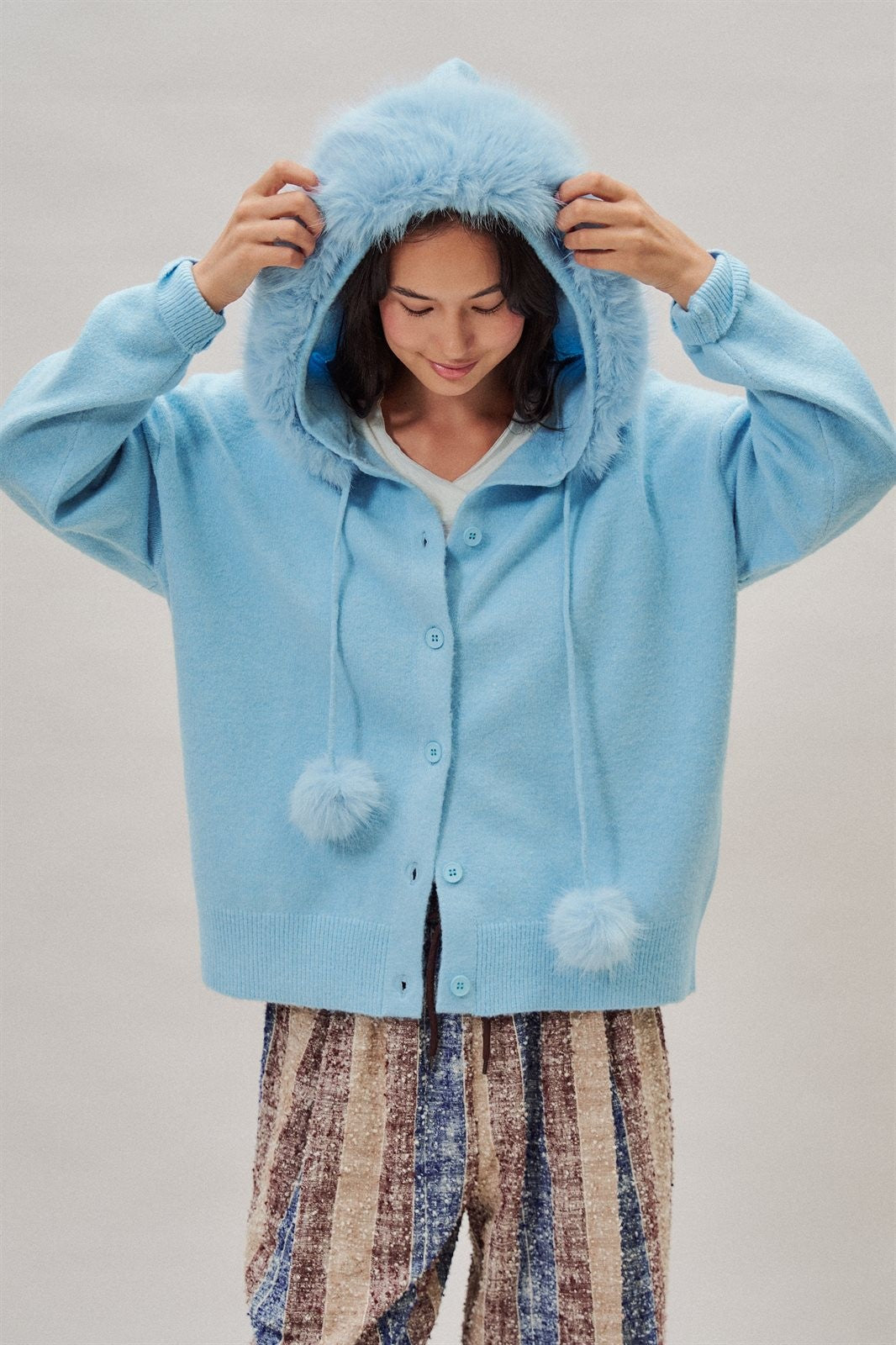 Faux Fur Hood Pom Pom Knit Cardigan in Blue - Women's Fashion | Urban Daizy