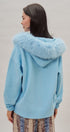 Faux Fur Hood Pom Pom Knit Cardigan in Blue - Women's Fashion | Urban Daizy