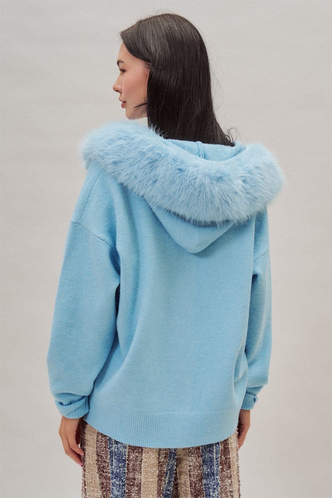 Faux Fur Hood Pom Pom Knit Cardigan in Blue - Women's Fashion | Urban Daizy