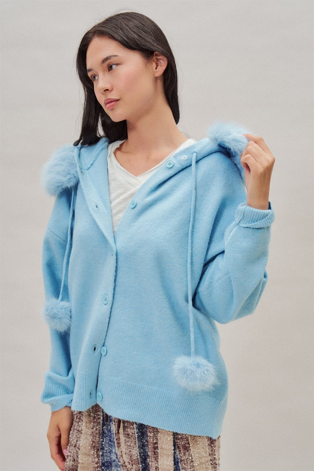 Faux Fur Hood Pom Pom Knit Cardigan in Blue - Women's Fashion | Urban Daizy