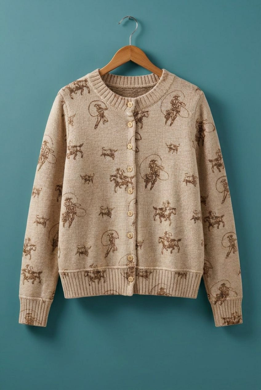 Western Cowboy Print Button Front Cardigan in Khaki - Women's Cardigans & Shrugs | Urban Daizy