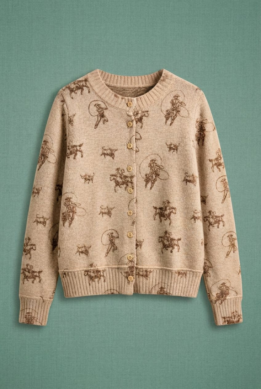 Western Cowboy Print Button Front Cardigan in Khaki - Women's Cardigans & Shrugs | Urban Daizy