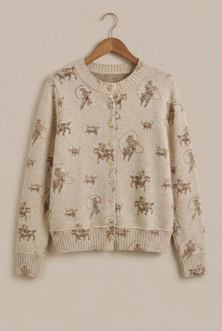 Western Cowboy Print Button Front Cardigan in Khaki - Women's Cardigans & Shrugs | Urban Daizy