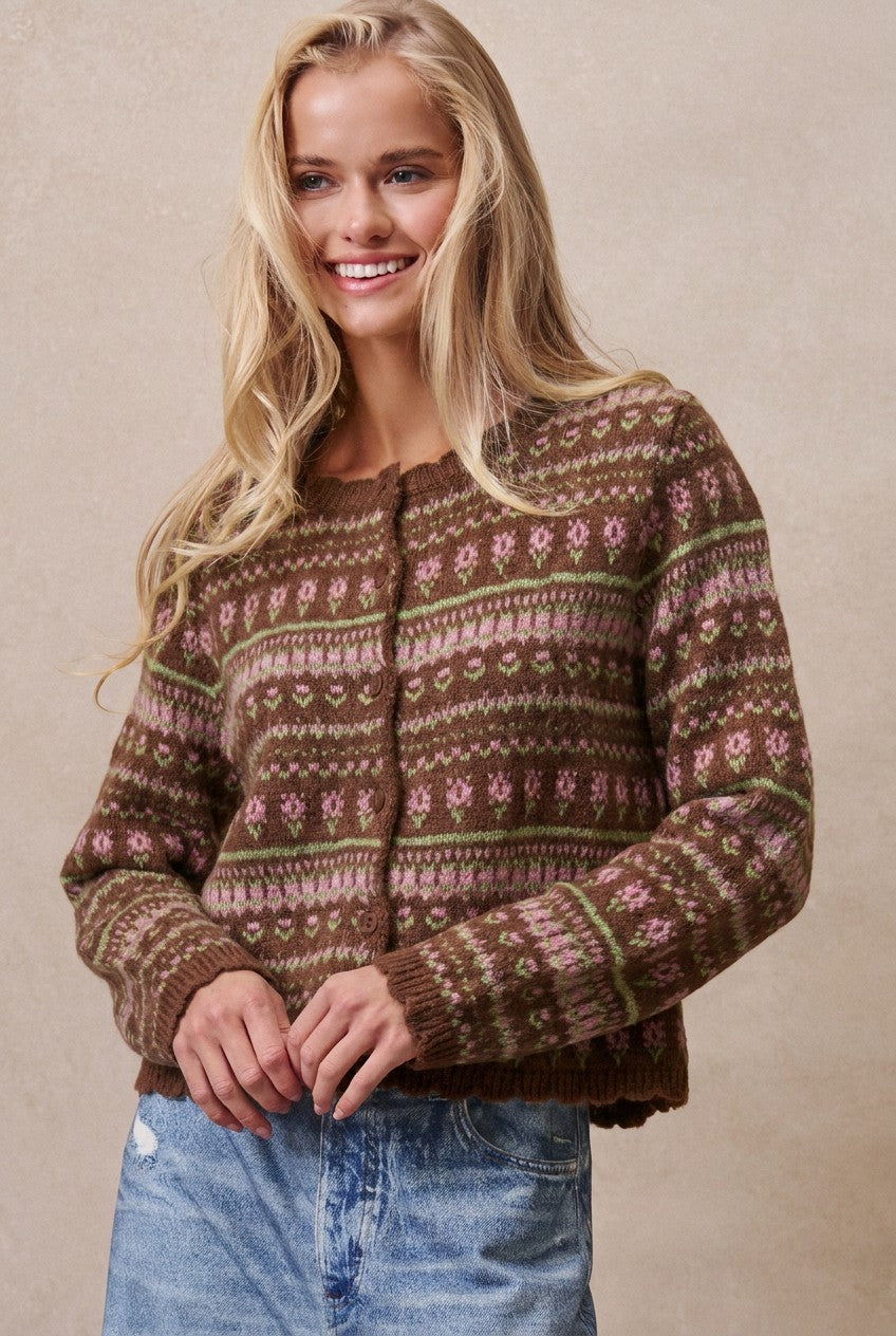 Ditsy Floral Fair Isle Button Cardigan in Brown - Women's Cardigans & Shrugs | Urban Daizy