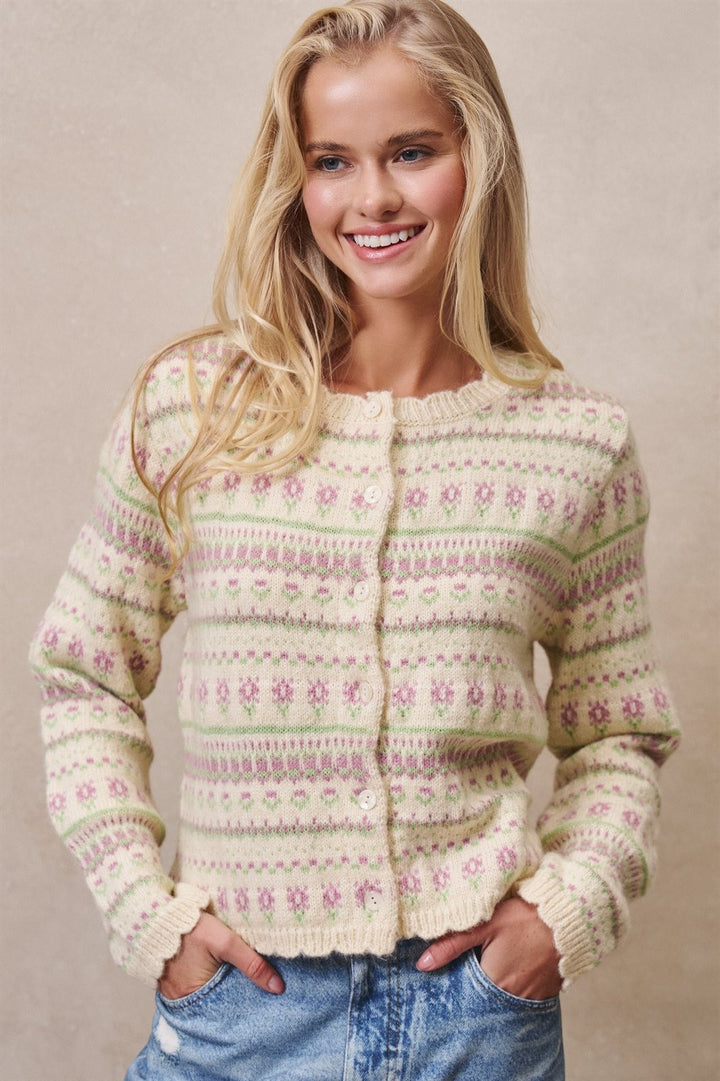 Ditsy Floral Fair Isle Button Cardigan in Cream - Women's Cardigans & Shrugs | Urban Daizy