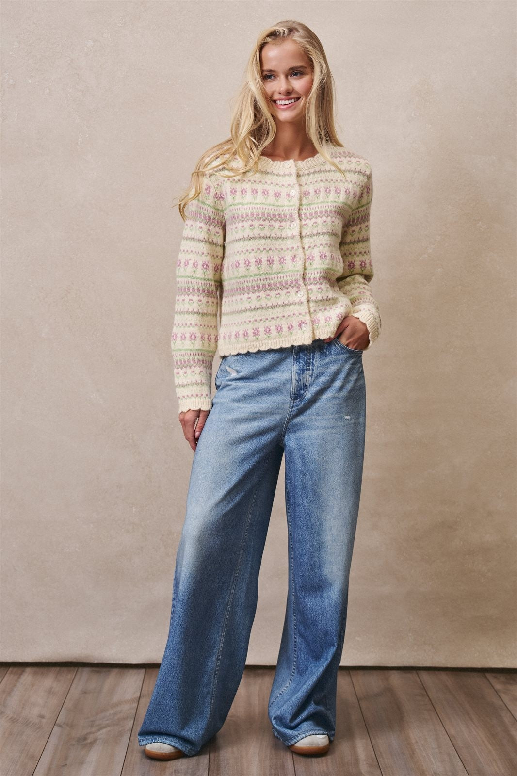 Ditsy Floral Fair Isle Button Cardigan in Cream - Women's Cardigans & Shrugs | Urban Daizy