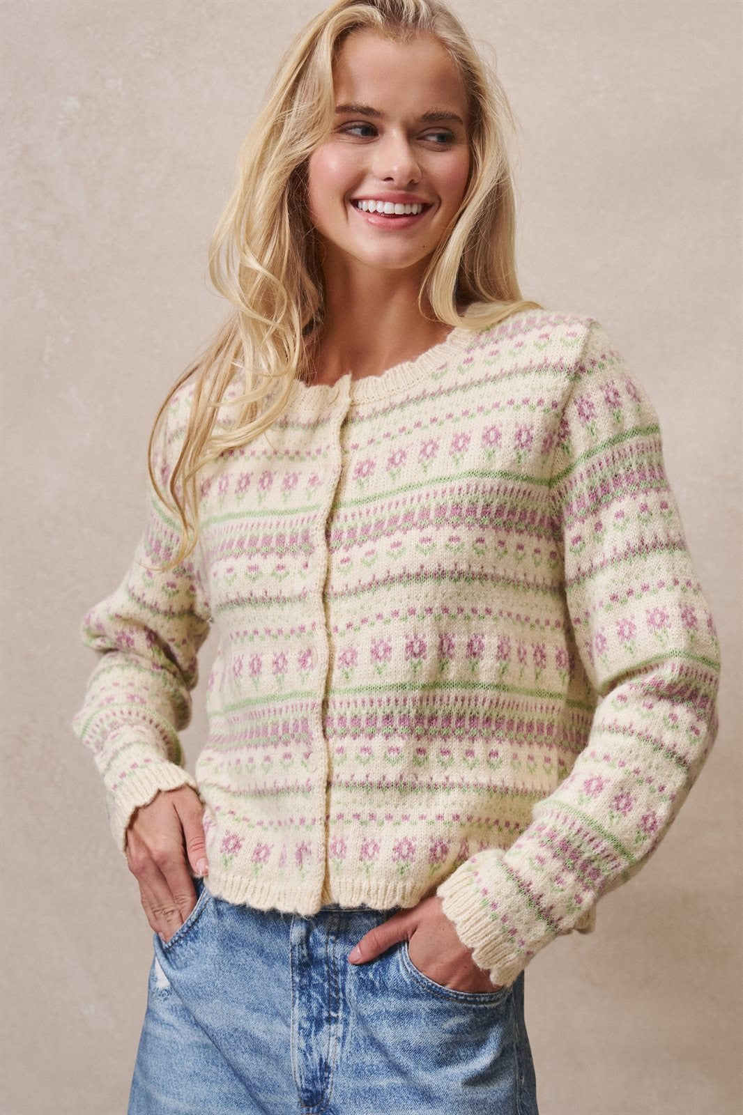 Ditsy Floral Fair Isle Button Cardigan in Cream - Women's Cardigans & Shrugs | Urban Daizy