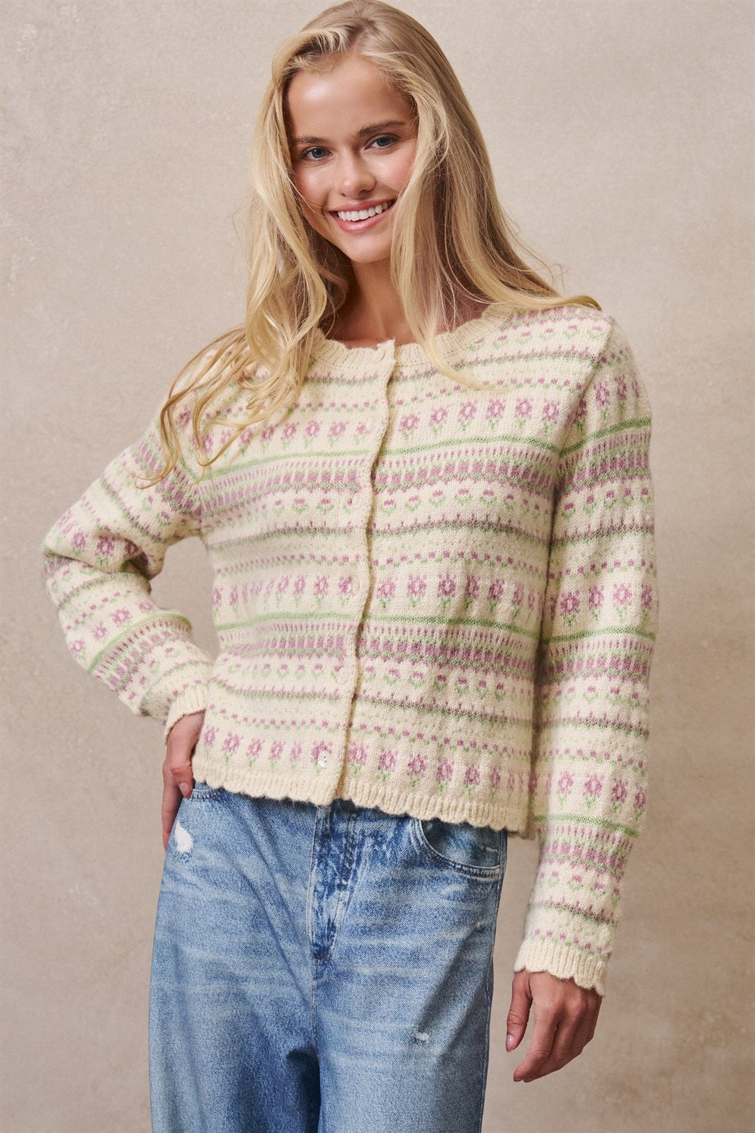 Ditsy Floral Fair Isle Button Cardigan in Cream - Women's Cardigans & Shrugs | Urban Daizy