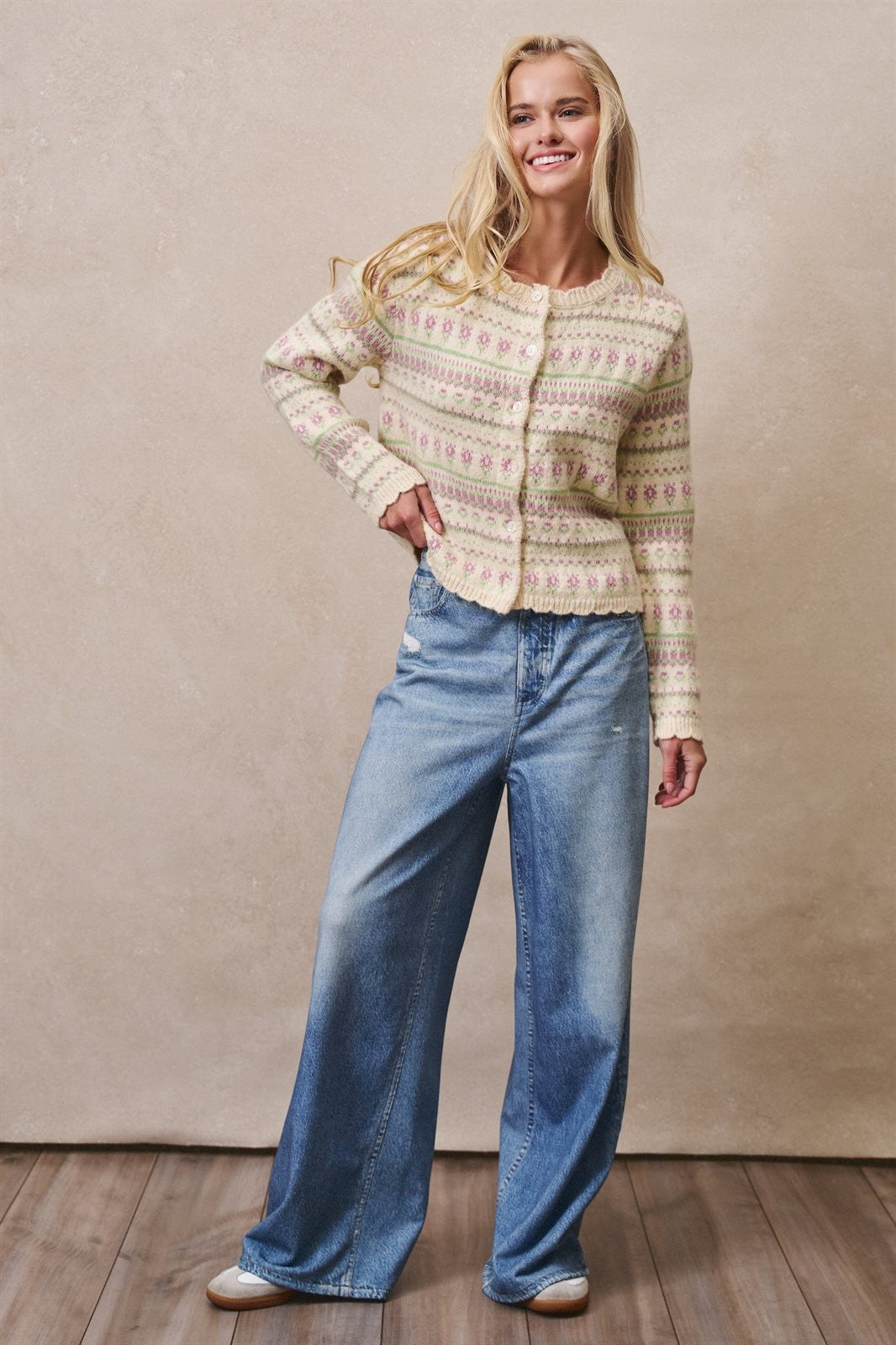 Ditsy Floral Fair Isle Button Cardigan in Cream - Women's Cardigans & Shrugs | Urban Daizy