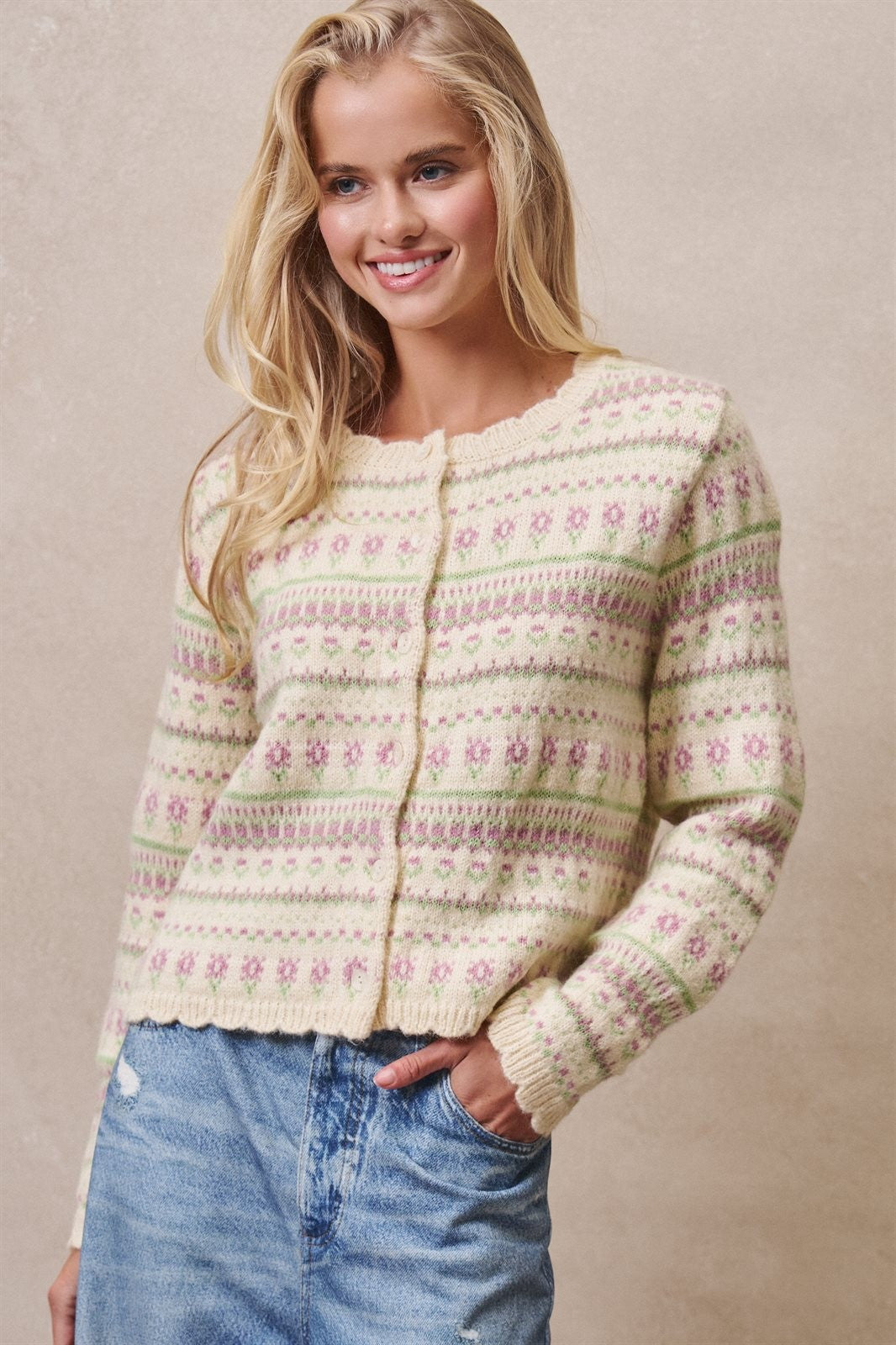 Ditsy Floral Fair Isle Button Cardigan in Cream - Women's Cardigans & Shrugs | Urban Daizy