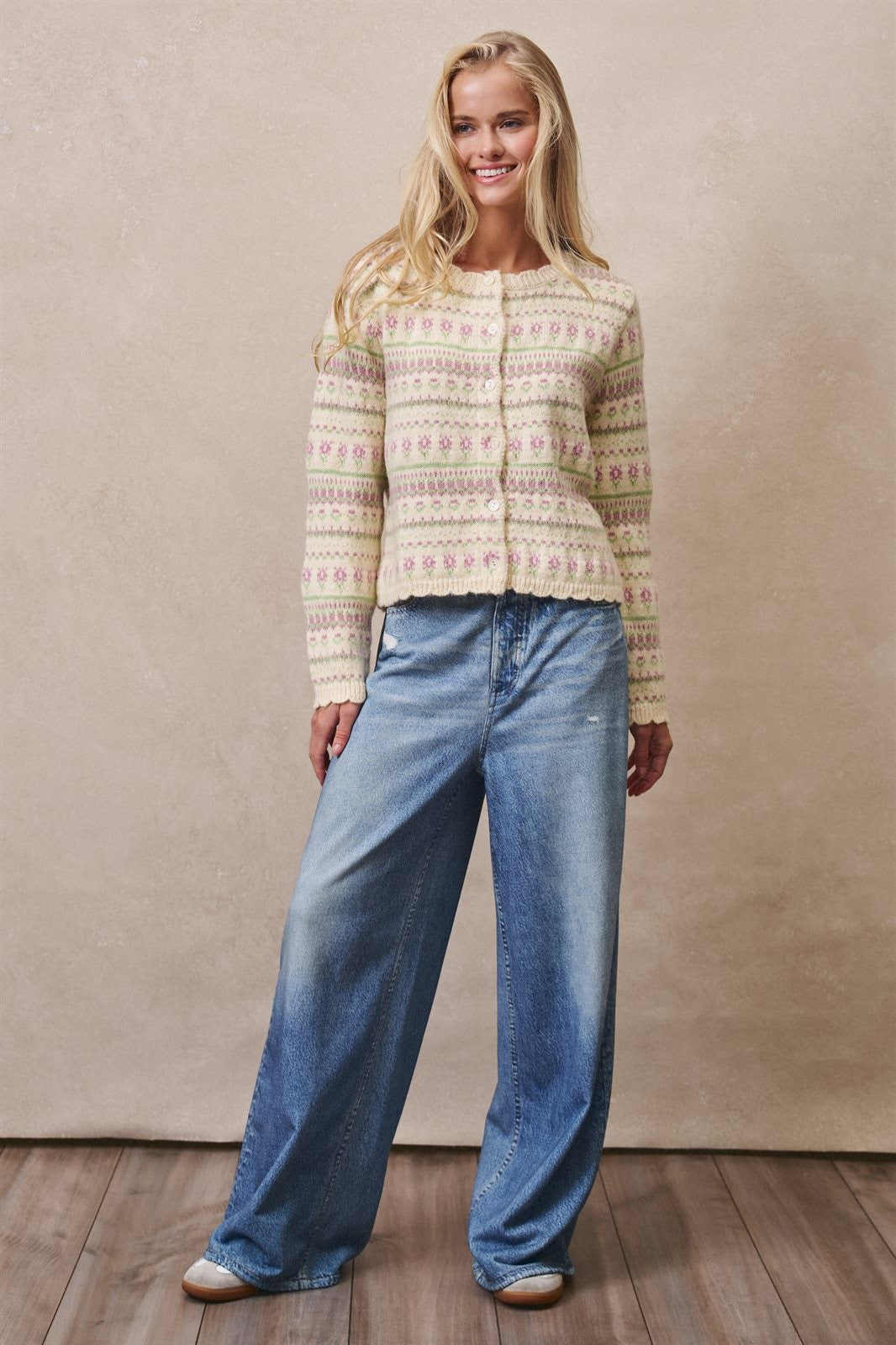 Ditsy Floral Fair Isle Button Cardigan in Cream - Women's Cardigans & Shrugs | Urban Daizy