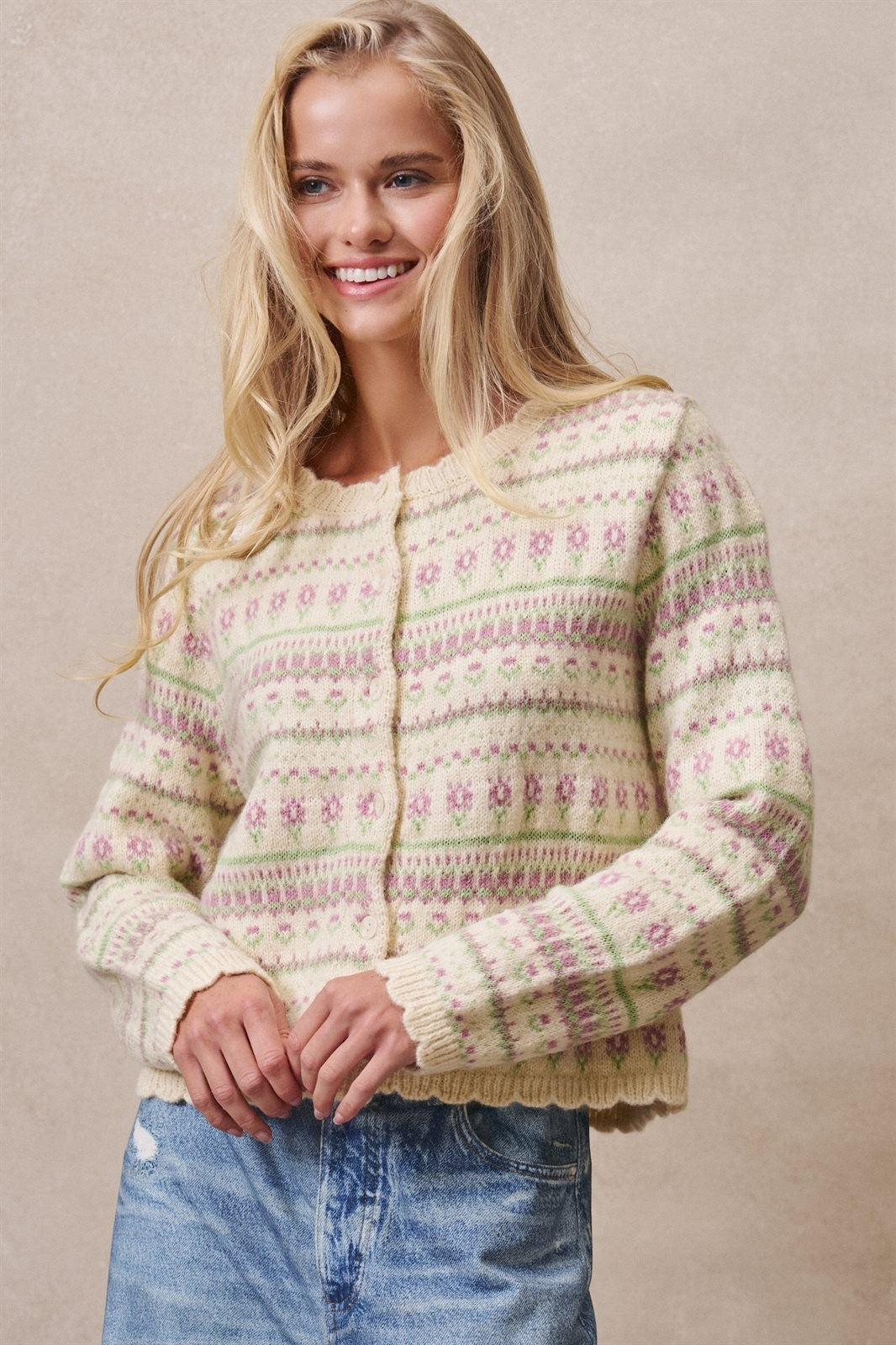 Ditsy Floral Fair Isle Button Cardigan in Cream - Women's Cardigans & Shrugs | Urban Daizy