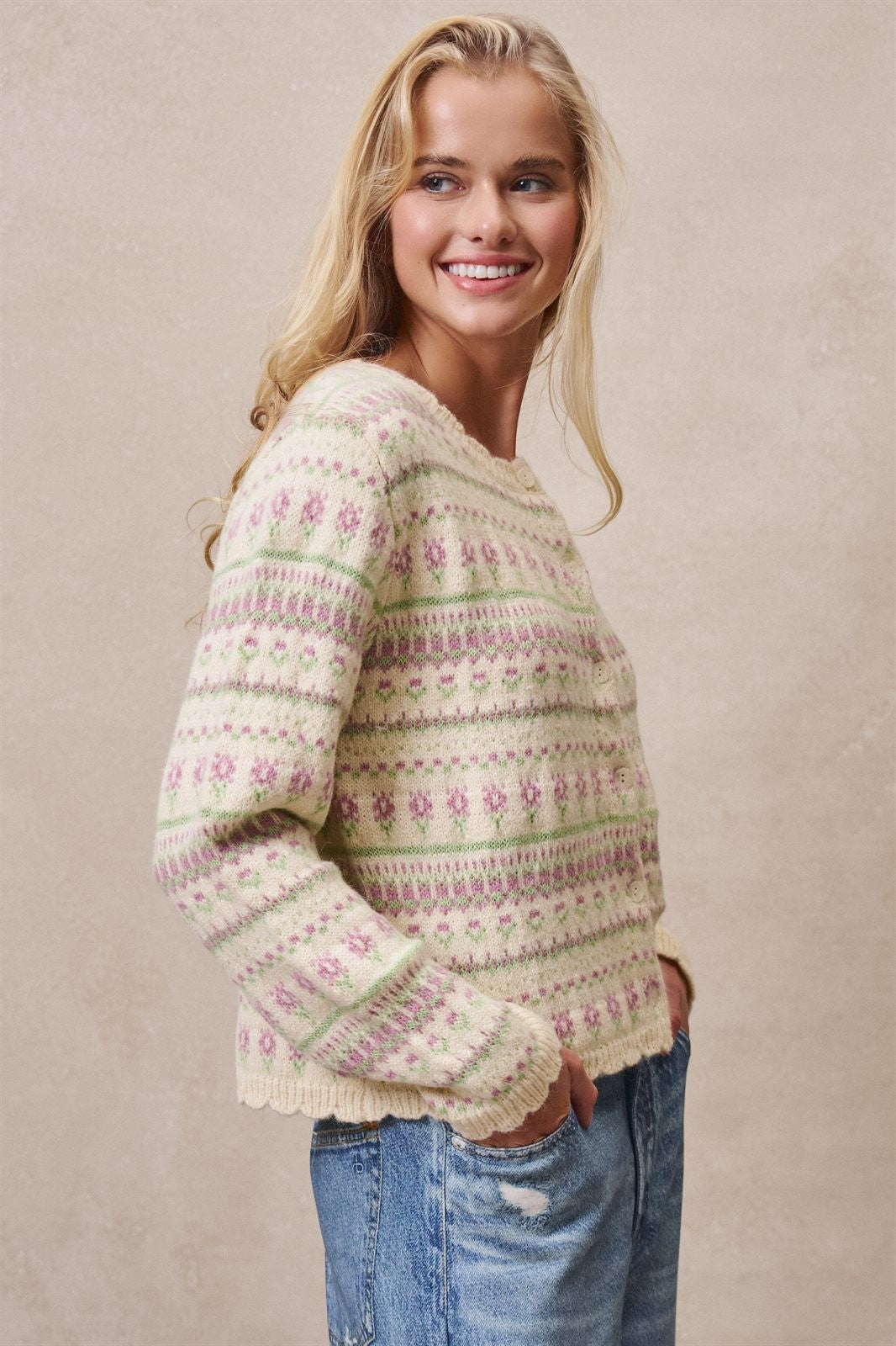 Ditsy Floral Fair Isle Button Cardigan in Cream - Women's Cardigans & Shrugs | Urban Daizy