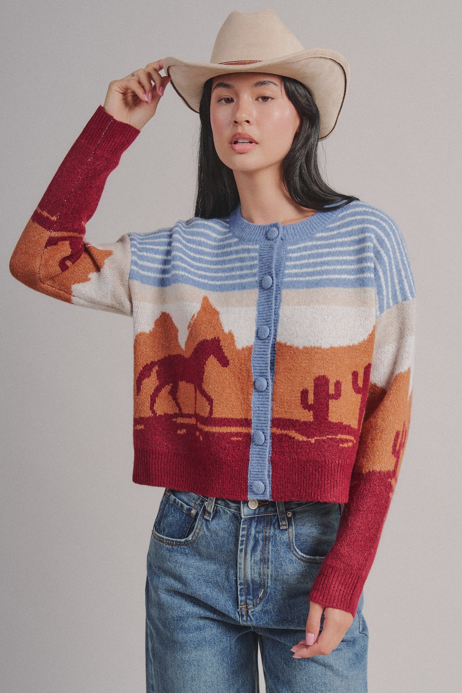 Western Desert Scene Jacquard Knit Cardigan in Blue - Women's Fashion | Urban Daizy