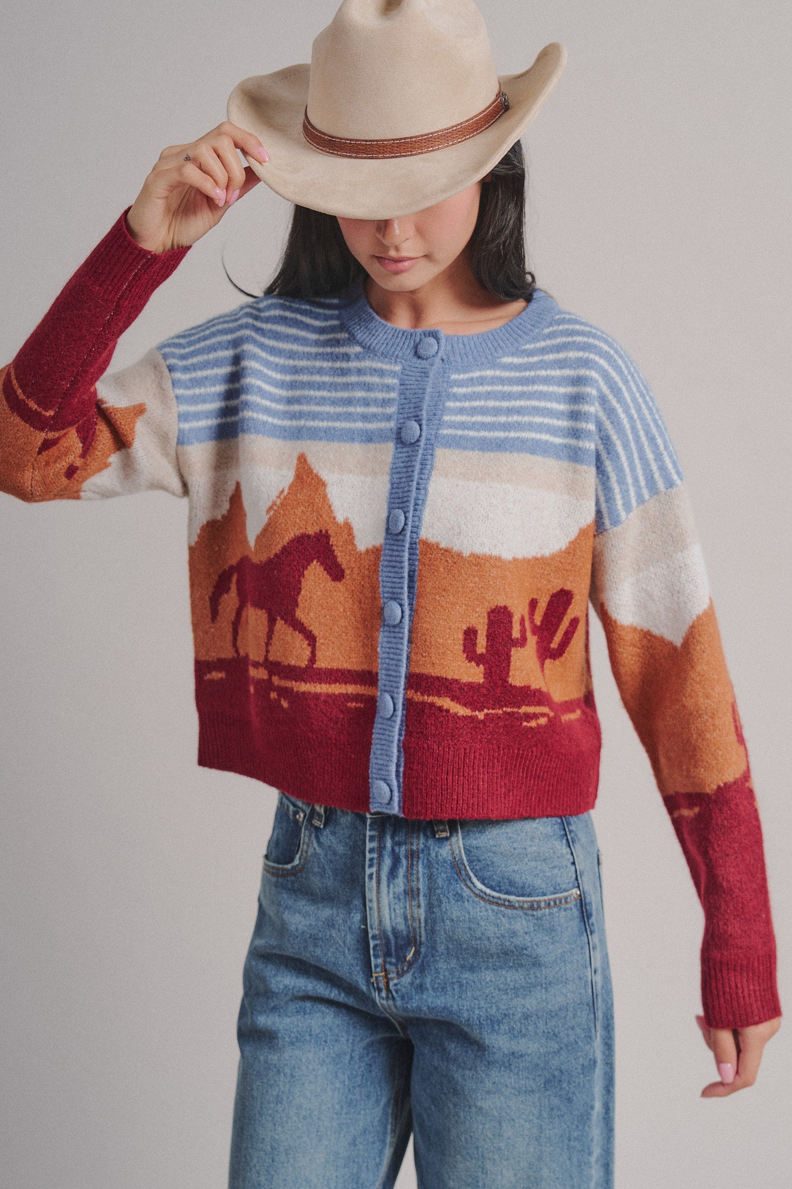 Western Desert Scene Jacquard Knit Cardigan in Blue - Women's Fashion | Urban Daizy