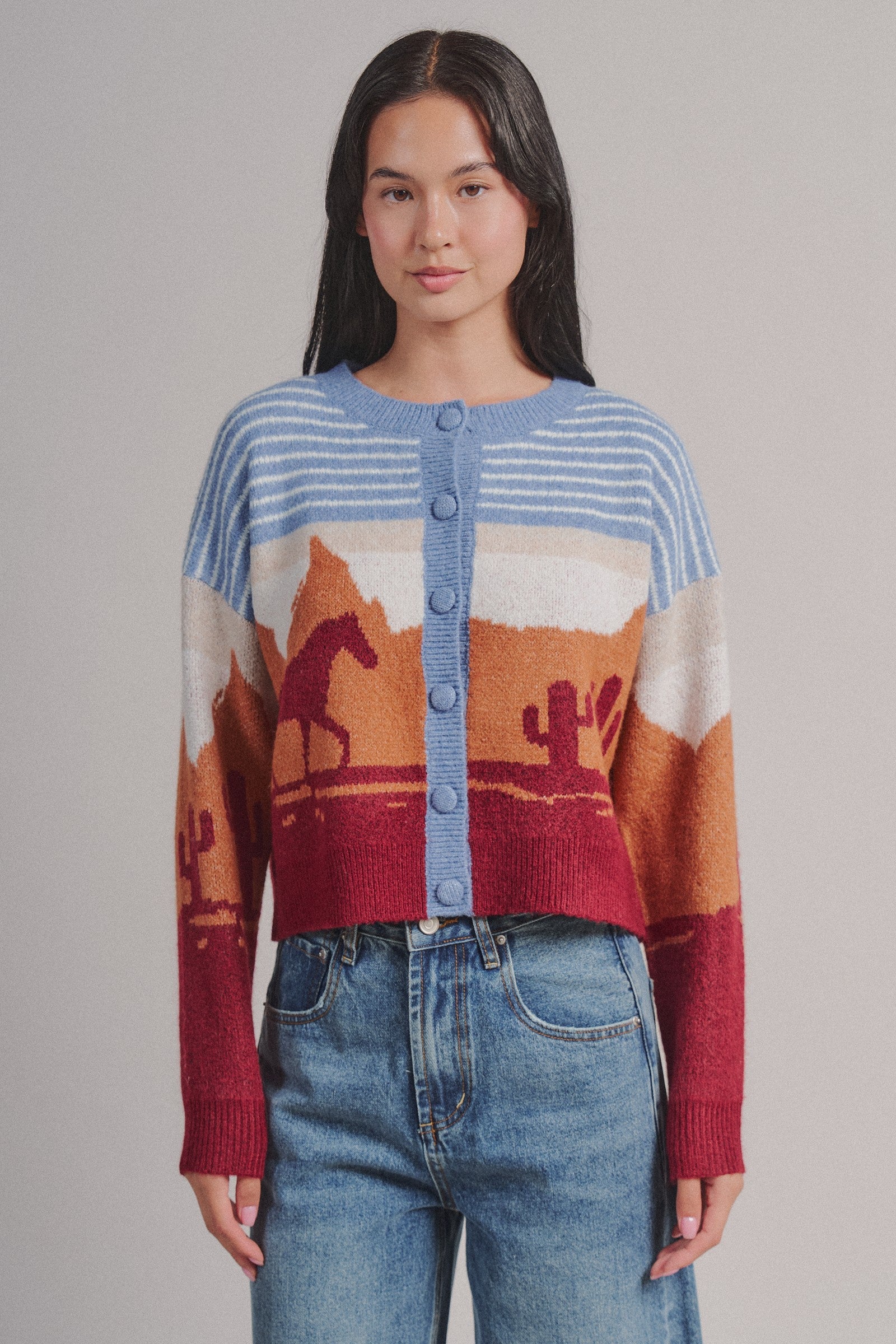 Western Desert Scene Jacquard Knit Cardigan in Blue - Women's Fashion | Urban Daizy