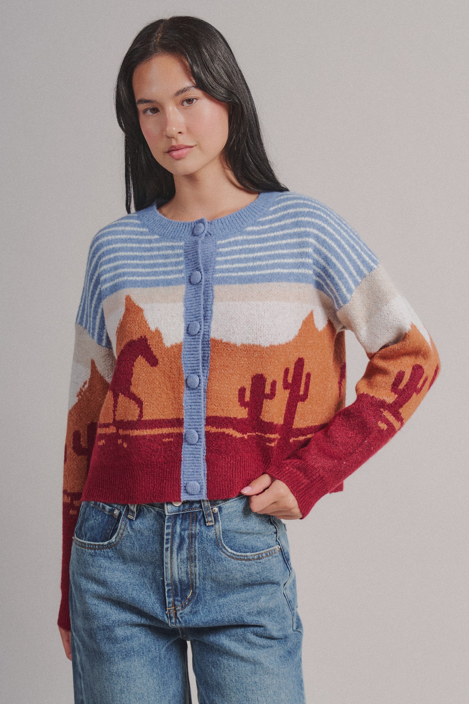 Western Desert Scene Jacquard Knit Cardigan in Blue - Women's Fashion | Urban Daizy