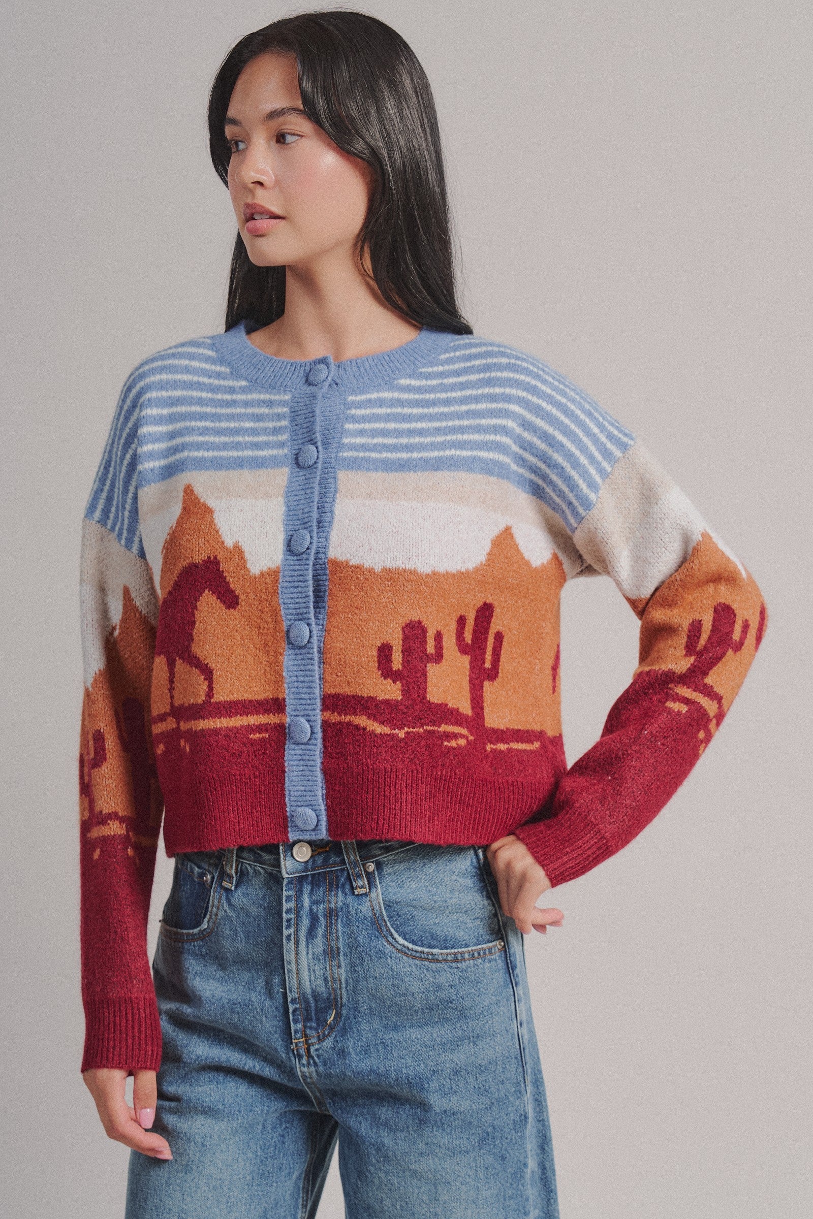 Western Desert Scene Jacquard Knit Cardigan in Blue - Women's Fashion | Urban Daizy
