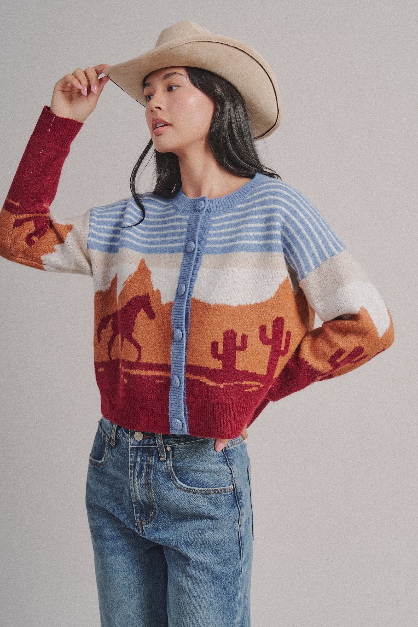 Western Desert Scene Jacquard Knit Cardigan in Blue - Women's Fashion | Urban Daizy