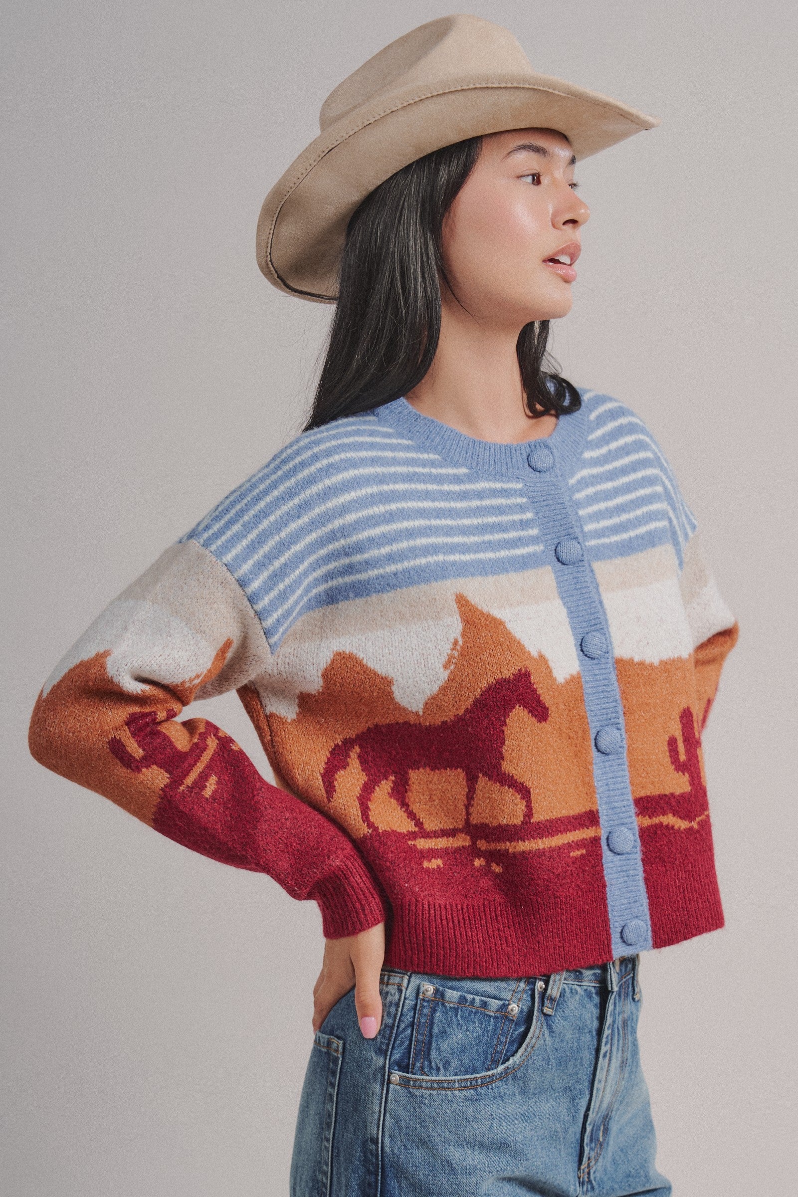 Western Desert Scene Jacquard Knit Cardigan in Blue - Women's Fashion | Urban Daizy