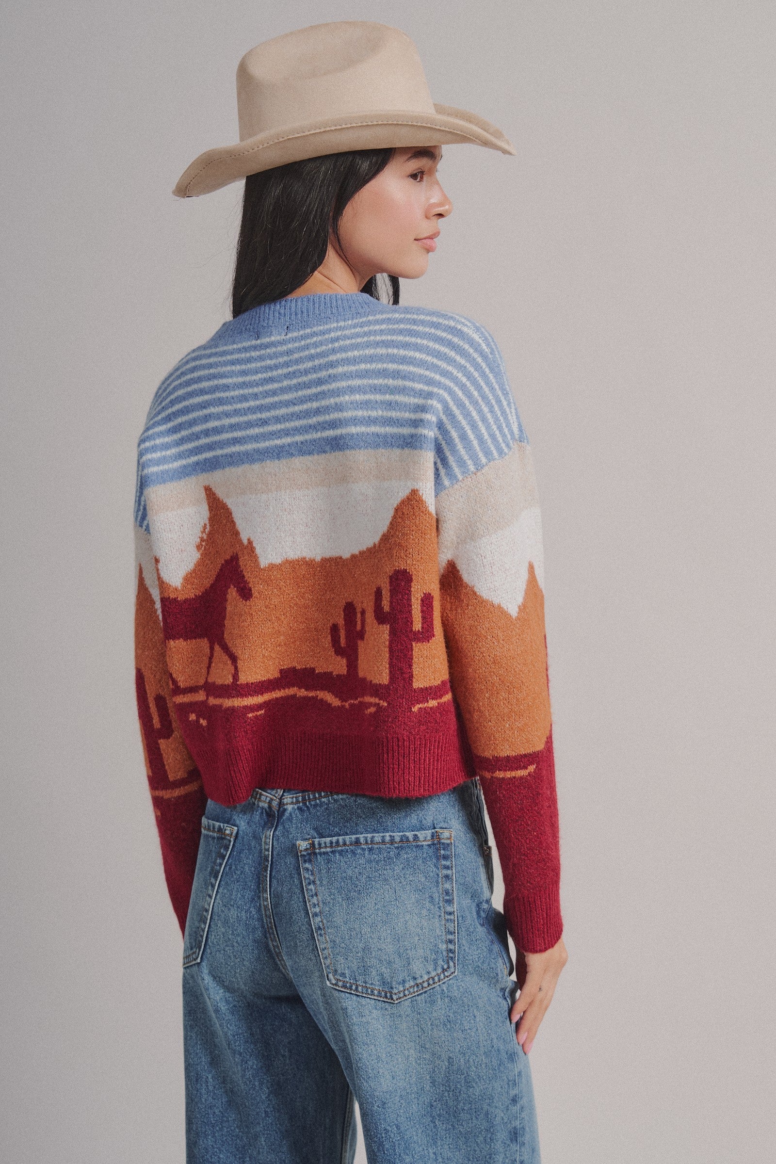 Western Desert Scene Jacquard Knit Cardigan in Blue - Women's Fashion | Urban Daizy
