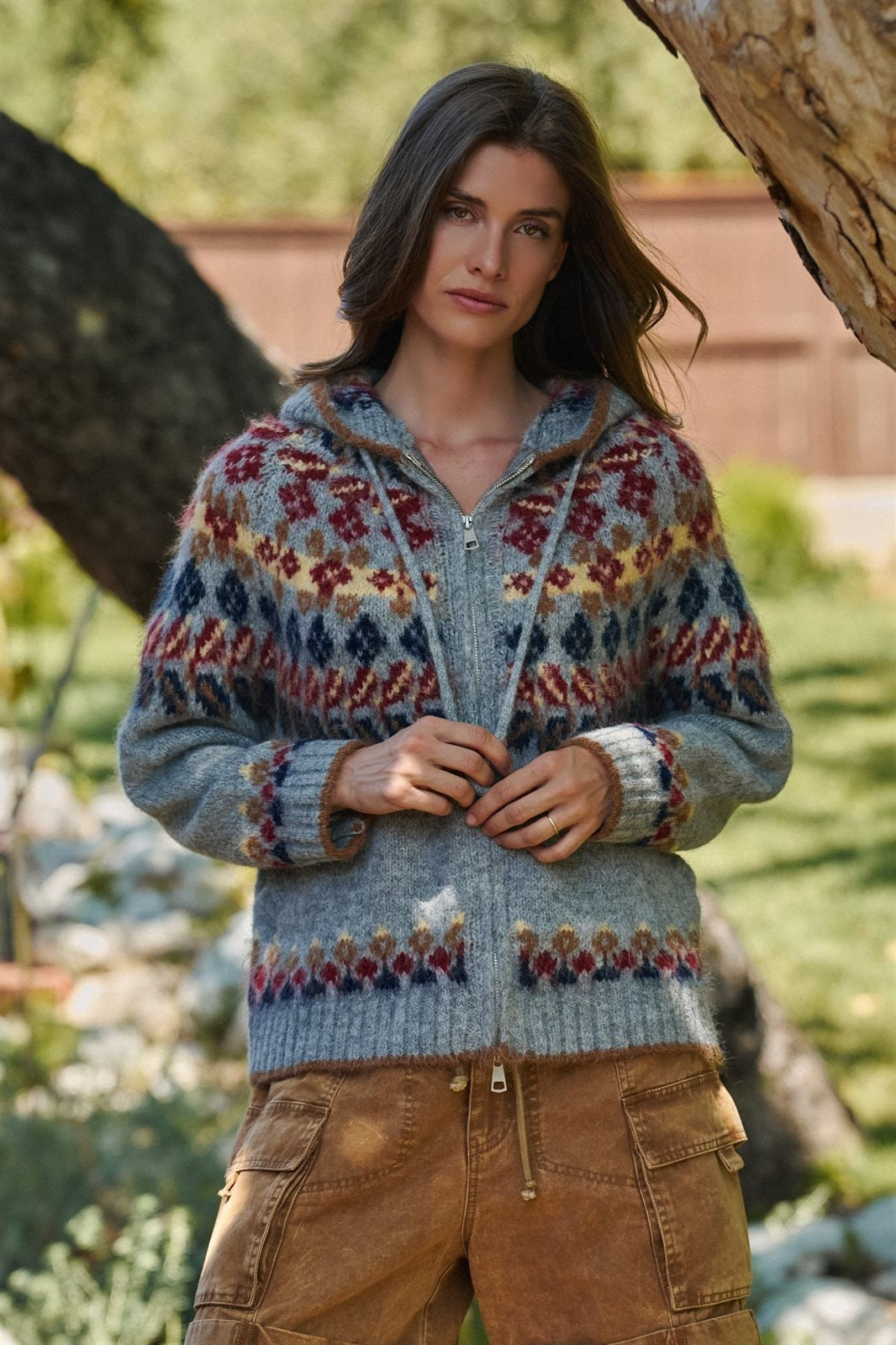 Fair Isle Hooded Zip Knit Jacket in Grey Multi - Women's Cardigans & Shrugs | Urban Daizy