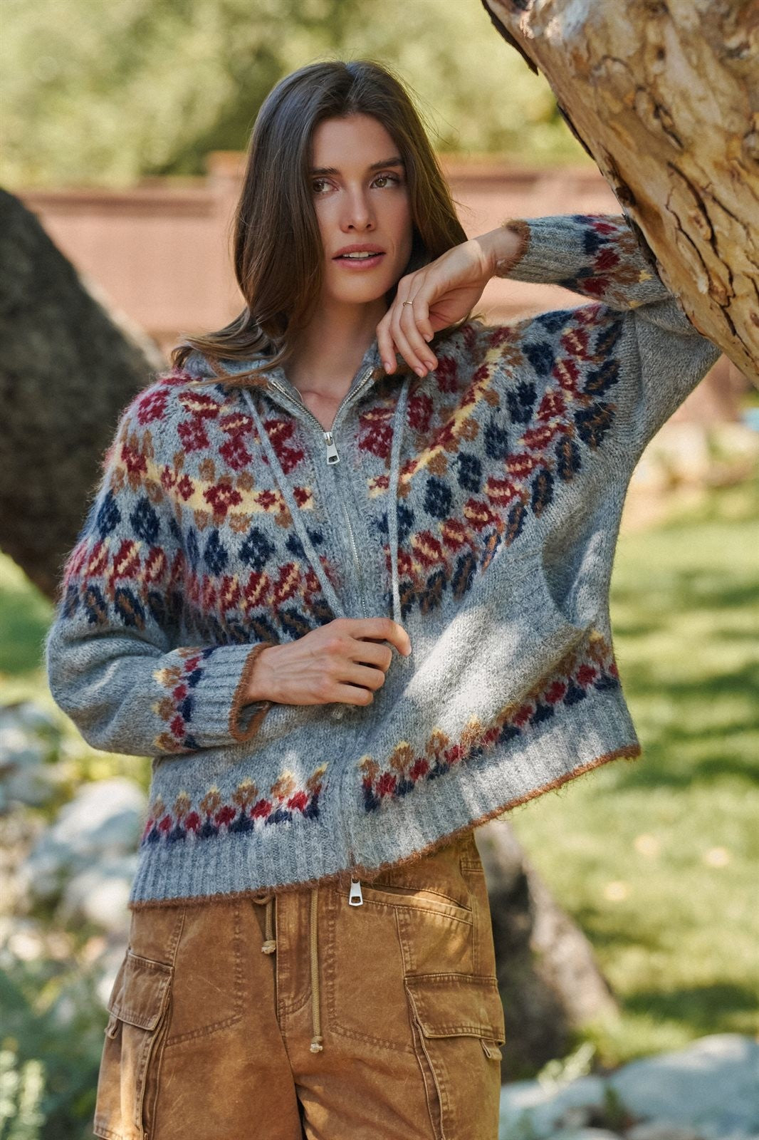 Fair Isle Hooded Zip Knit Jacket in Grey Multi - Women's Cardigans & Shrugs | Urban Daizy