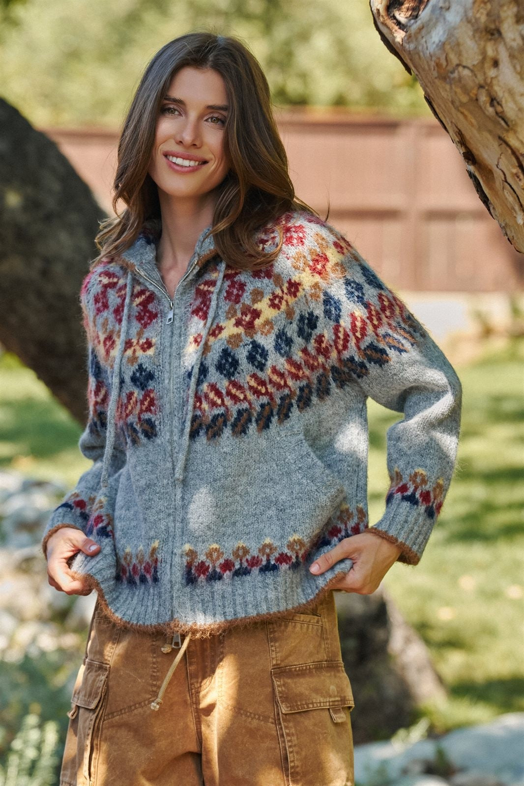Fair Isle Hooded Zip Knit Jacket in Grey Multi - Women's Cardigans & Shrugs | Urban Daizy